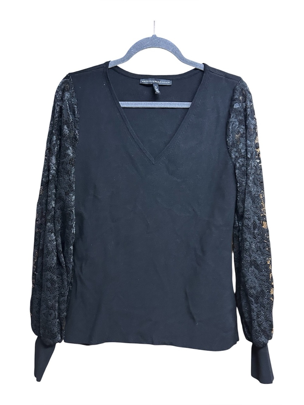 White House Black Market Black Lace Sleeve V Neck Sweater